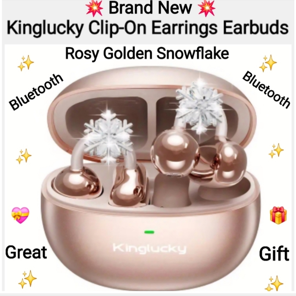 Kinglucky Rosy Golden Snowflake Clip-0n Earbuds, Open-Ear Bluetooth Wireless